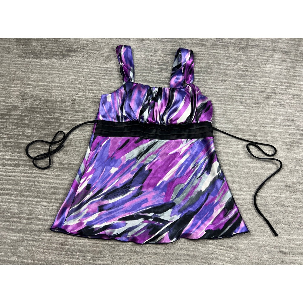 A. Byer Tank Top Womens S Purple Abstract Empire Waist Tie Back Ruched Satin Y2K